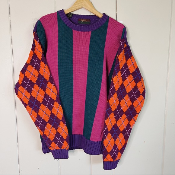 Vintage Other - Vintage Argyle Vertical Rugby Golf Stripe Orange Pink Green Crew Neck Sweater